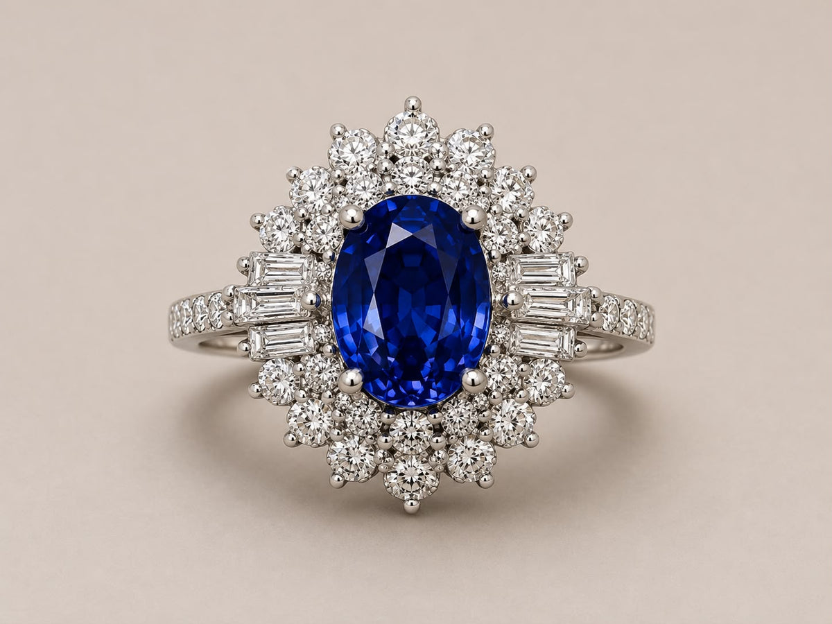 Anel Couronne Ouro Branco Safira