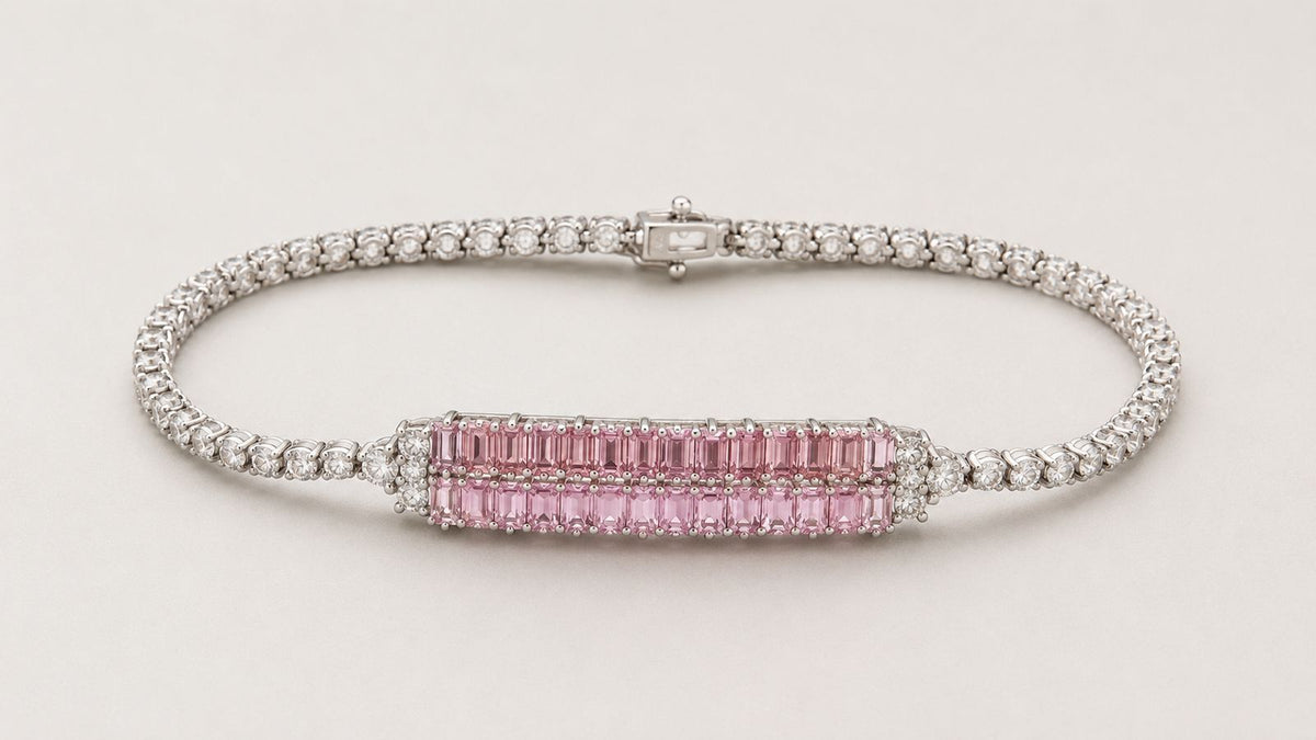 Pulseira Rivière Central Ouro Branco Safira Rosa