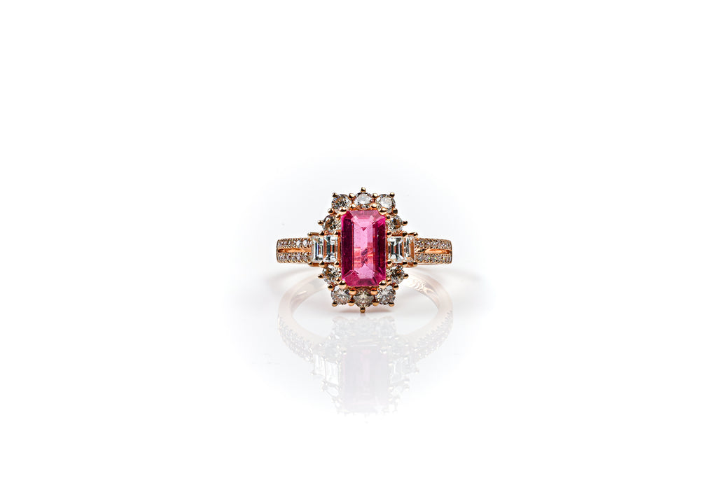 Anel Duplo Retangular Ouro Amarelo Tourmalina Rose