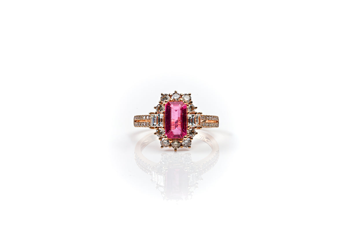 Anel Duplo Retangular Ouro Amarelo Tourmalina Rose
