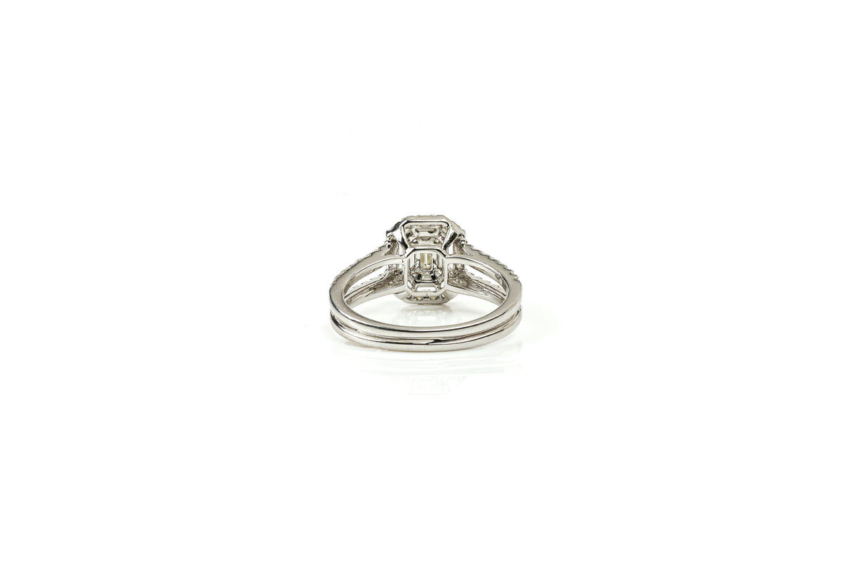 Anel Duplo Halo Retangular Ouro Branco Diamantes