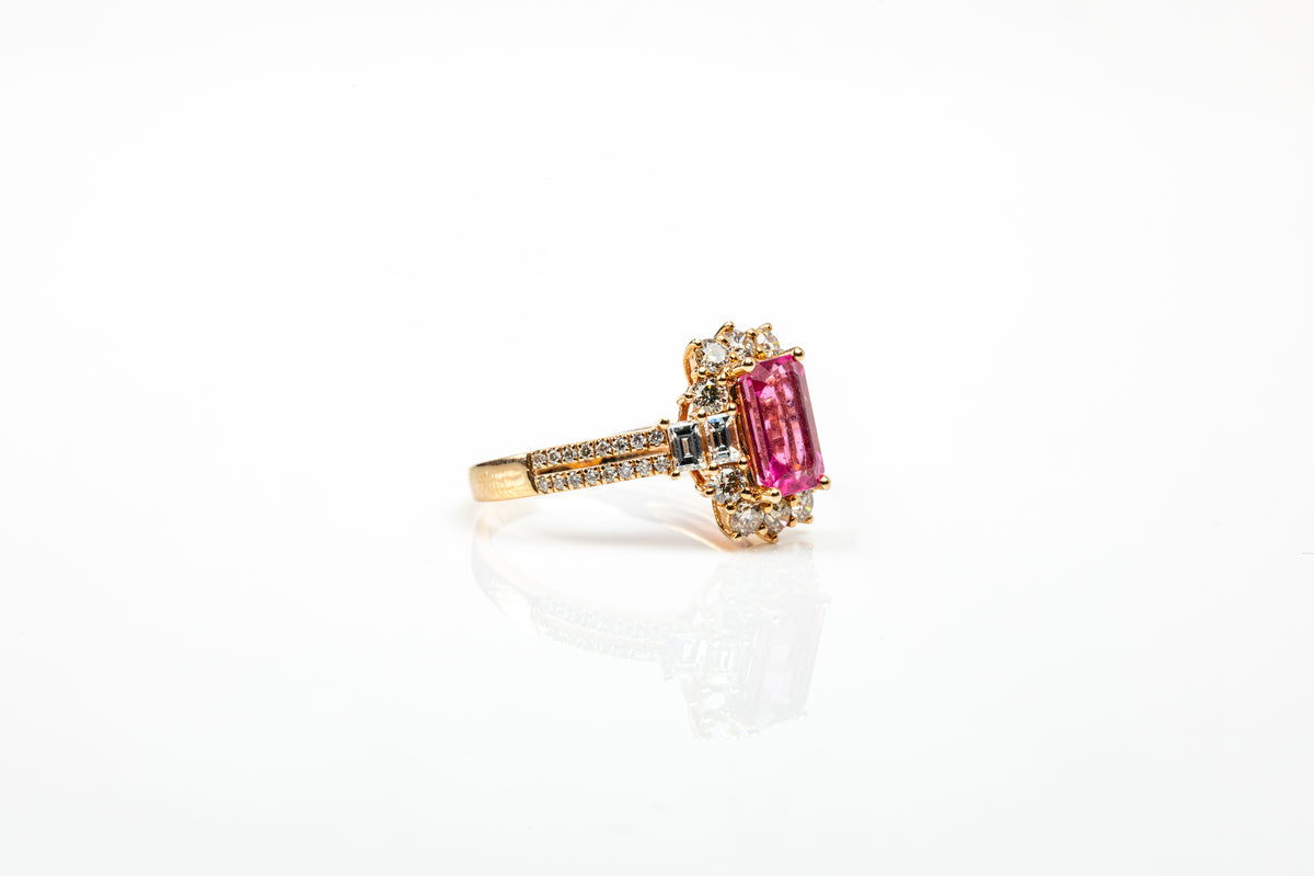 Anel Duplo Retangular Ouro Amarelo Tourmalina Rose