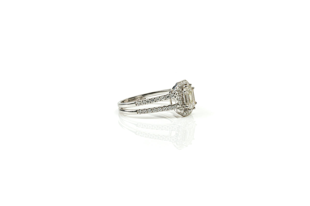 Anel Duplo Halo Retangular Ouro Branco Diamantes